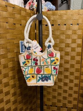 Marshalls Beaded Floral Patchwork Satchel in White, Yellow, Red, Teal, Navy